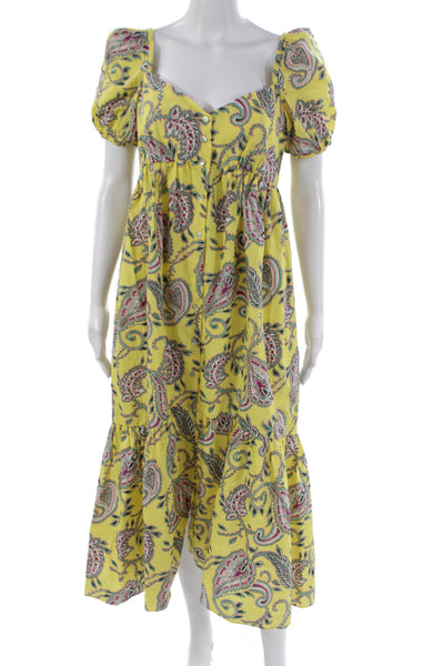 Zara Women Maxi Dress Yellow Paisley Cotton Sweetheart Short Sleeve Size XS