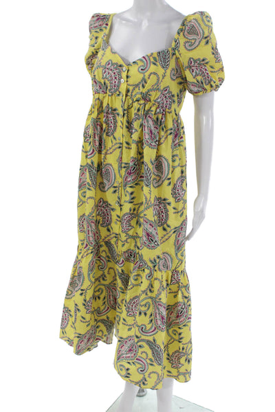 Zara Women Maxi Dress Yellow Paisley Cotton Sweetheart Short Sleeve Size XS
