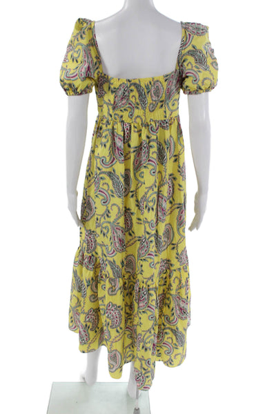 Zara Women Maxi Dress Yellow Paisley Cotton Sweetheart Short Sleeve Size XS