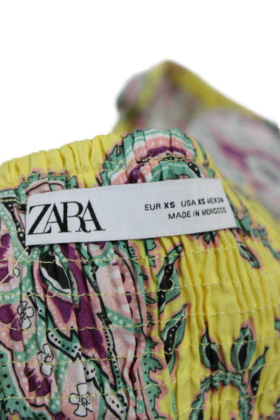Zara Women Maxi Dress Yellow Paisley Cotton Sweetheart Short Sleeve Size XS