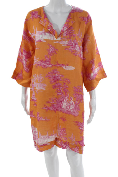 Haremlique Womens Orange Linen Kaftan V-Neck Knee Length 3/4 Sleeve Size 1