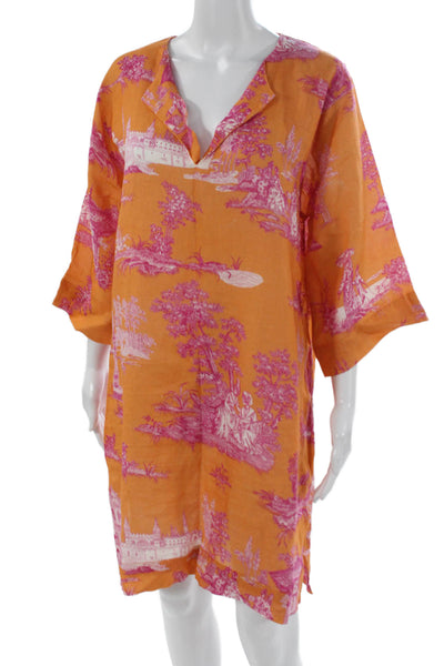 Haremlique Womens Orange Linen Kaftan V-Neck Knee Length 3/4 Sleeve Size 1