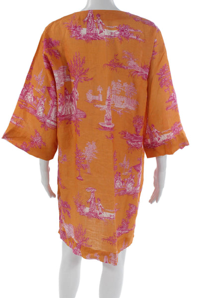 Haremlique Womens Orange Linen Kaftan V-Neck Knee Length 3/4 Sleeve Size 1