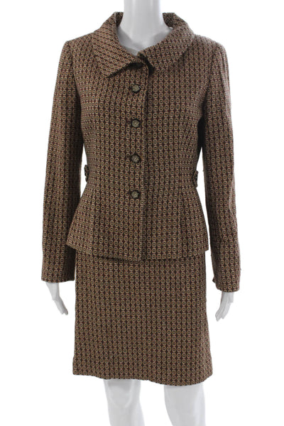 Etcetera Womens Geometric Print Button Down Skirt Suit Brown Orange Wool Size 8