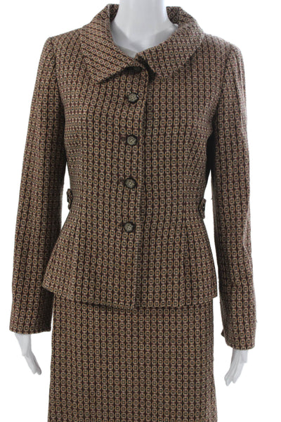 Etcetera Womens Geometric Print Button Down Skirt Suit Brown Orange Wool Size 8