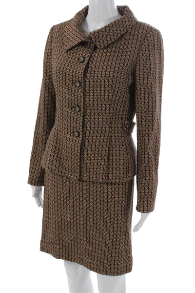 Etcetera Womens Geometric Print Button Down Skirt Suit Brown Orange Wool Size 8