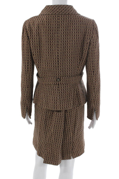 Etcetera Womens Geometric Print Button Down Skirt Suit Brown Orange Wool Size 8