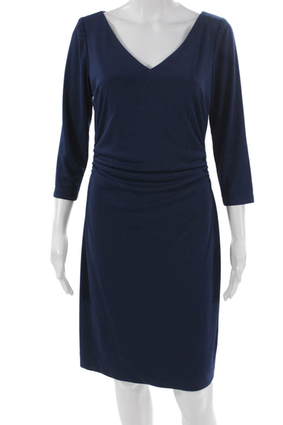 David Meister Women Sheath Dress Blue V-Neck 3/4 Sleeve Polyester Size 8