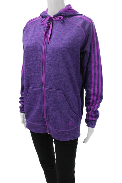 Adidas Womens Full Zip Striped Purple Polyester Hoodie Long Sleeve Size S