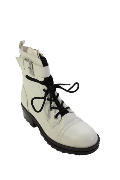 Marc Fisher Women's Lace Up Block Heel Leather Combat Boots White Size 7