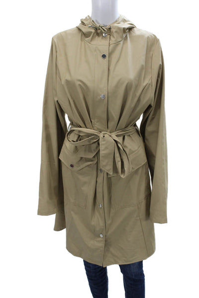 Rains Womens Beige Rain Coat PU Coated Long Sleeve Snap Closure Size L