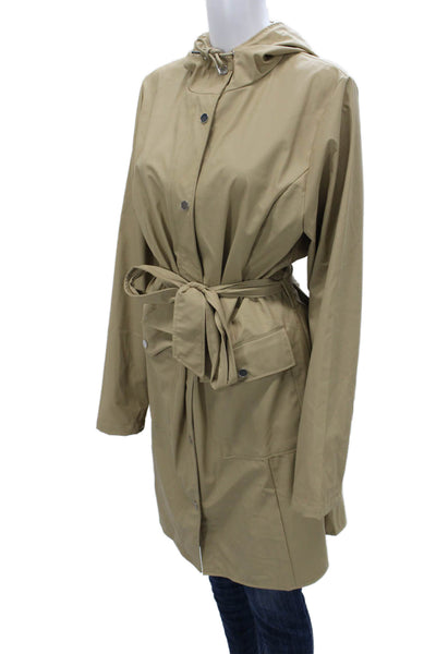 Rains Womens Beige Rain Coat PU Coated Long Sleeve Snap Closure Size L