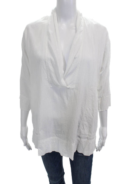 Eileen Fisher Women White Organic Cotton V-Neck Long Sleeve Blouse Size XS