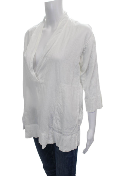 Eileen Fisher Women White Organic Cotton V-Neck Long Sleeve Blouse Size XS