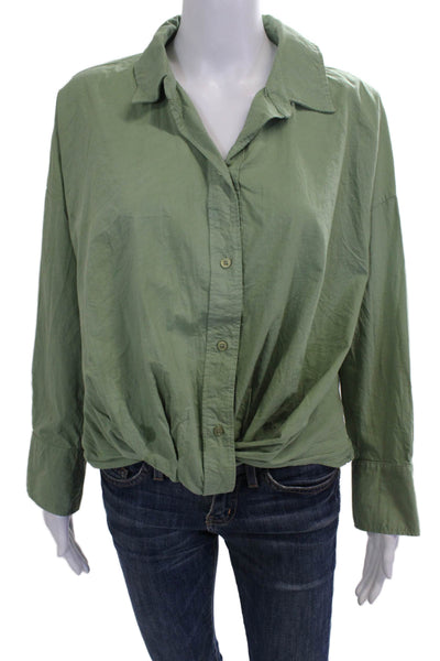 Stateside Women Collared Long Sleeve Cotton Blouse Green Solid Size S