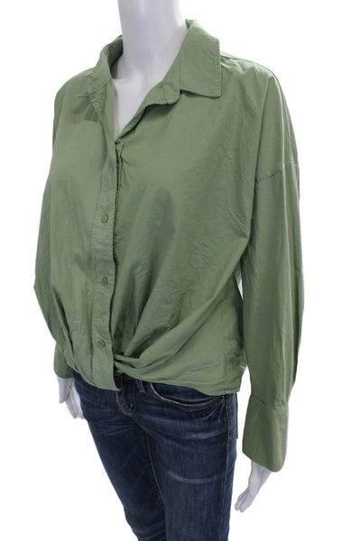 Stateside Women Collared Long Sleeve Cotton Blouse Green Solid Size S