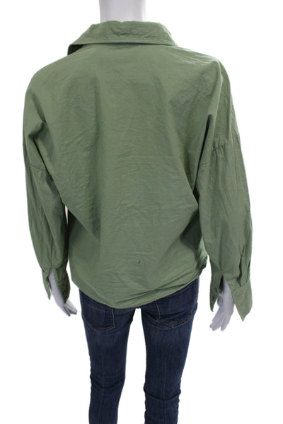 Stateside Women Collared Long Sleeve Cotton Blouse Green Solid Size S