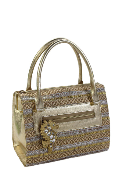 Eric Javits Womens Raffia Blend Top Handle Bag Handbag Gold Combo