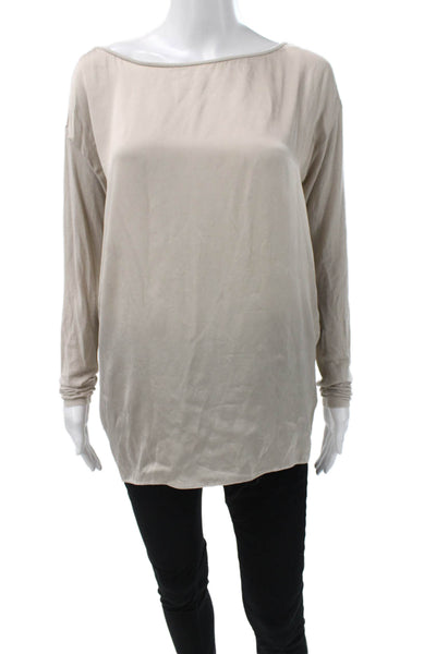 Vince Women Silk Long Sleeve T-Shirt Beige Round Neck Solid Size S