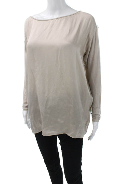 Vince Women Silk Long Sleeve T-Shirt Beige Round Neck Solid Size S