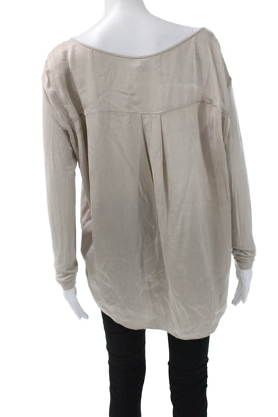 Vince Women Silk Long Sleeve T-Shirt Beige Round Neck Solid Size S