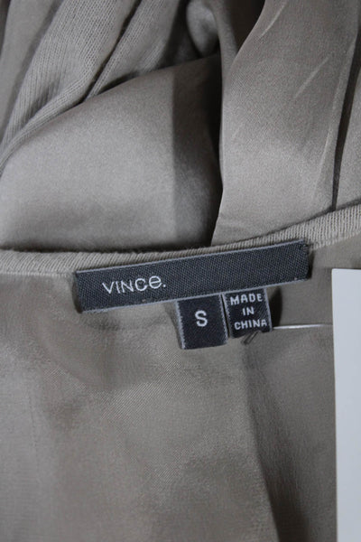 Vince Women Silk Long Sleeve T-Shirt Beige Round Neck Solid Size S