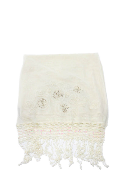 Sue Wong Womens Beaded Fringe Sheer Wrap Shawl Cream Size 80" x 18"