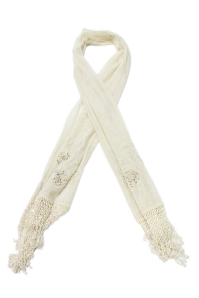Sue Wong Womens Beaded Fringe Sheer Wrap Shawl Cream Size 80" x 18"