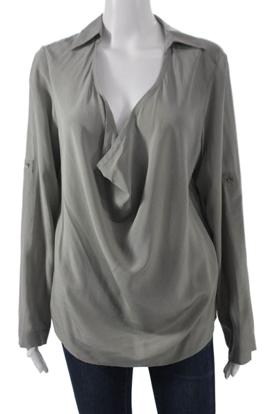 Eileen Fisher Womens Silk Draped Neck Long Sleeve Blouse Gray Size XS
