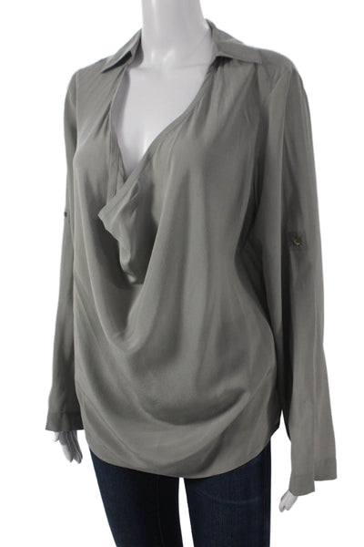 Eileen Fisher Womens Silk Draped Neck Long Sleeve Blouse Gray Size XS
