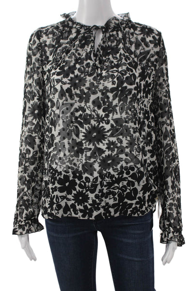 Boden Women Blouse Black Floral Round Neck Long Sleeve Size 4