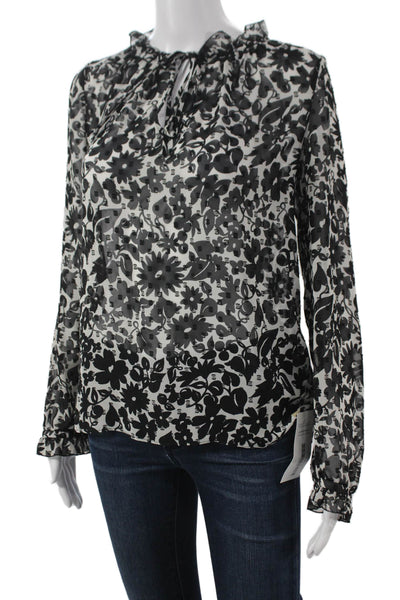 Boden Women Blouse Black Floral Round Neck Long Sleeve Size 4