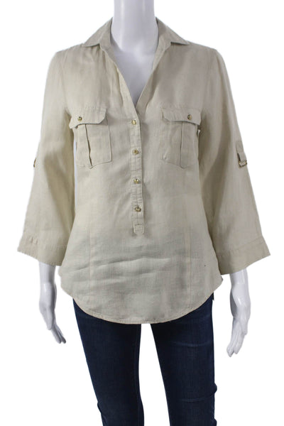 Zara Basic Womens Linen Collared Short Sleeve Beige Blouse Size XS