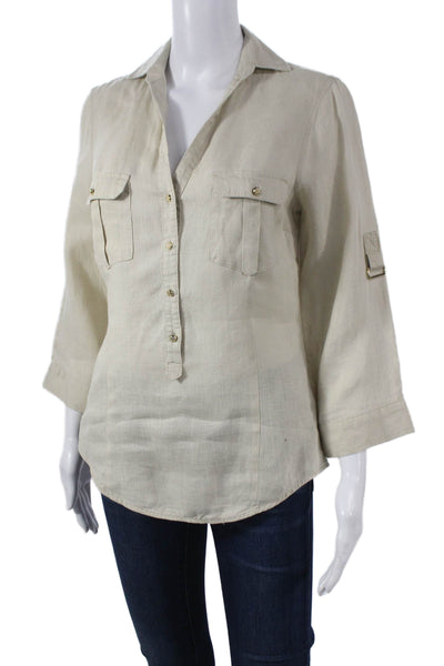 Zara Basic Womens Linen Collared Short Sleeve Beige Blouse Size XS