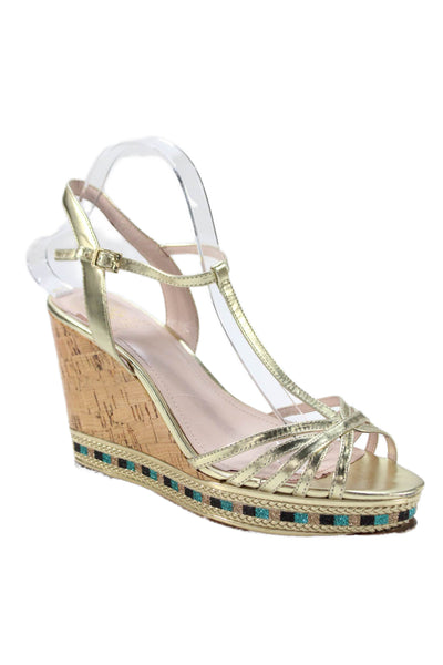 Vince Camuto Womens Glitter Cork Platform Tasha Wedge Sandals Gold Size 9.5 Medi
