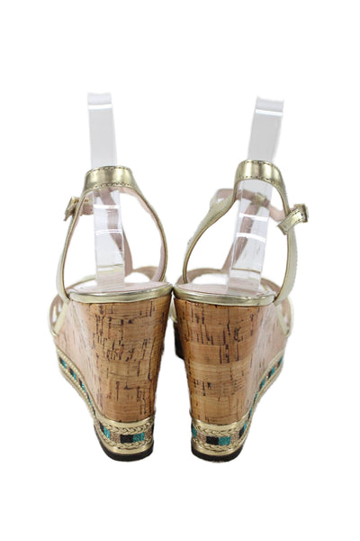Vince Camuto Womens Glitter Cork Platform Tasha Wedge Sandals Gold Size 9.5 Medi