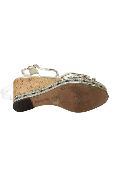 Vince Camuto Womens Glitter Cork Platform Tasha Wedge Sandals Gold Size 9.5 Medi