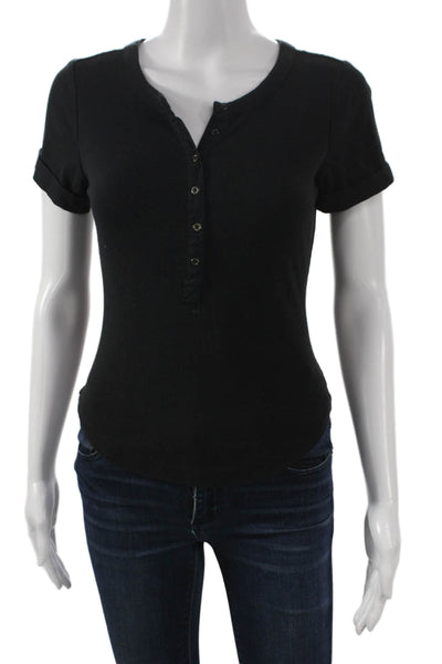 Pilcro Anthropologie Women Black Basic Henley T-Shirt Short Sleeve Size S