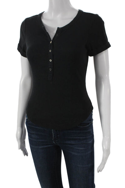 Pilcro Anthropologie Women Black Basic Henley T-Shirt Short Sleeve Size S