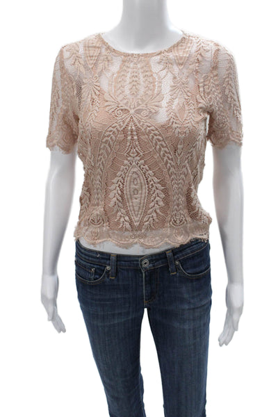 Zara Womens Cropped Floral Lace Blouse Beige Short Sleeve Size M