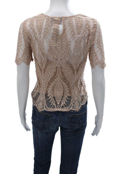 Zara Womens Cropped Floral Lace Blouse Beige Short Sleeve Size M