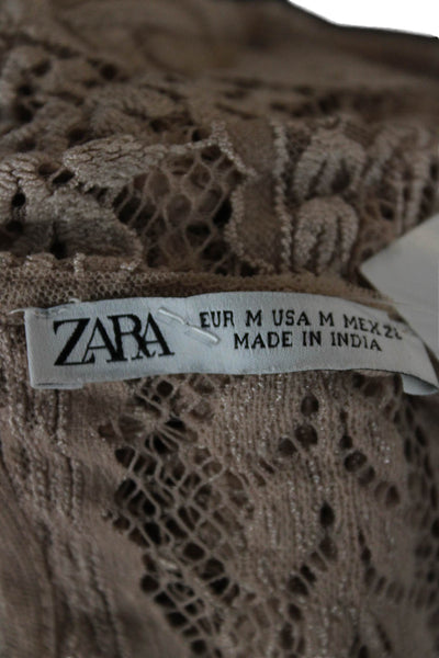Zara Womens Cropped Floral Lace Blouse Beige Short Sleeve Size M