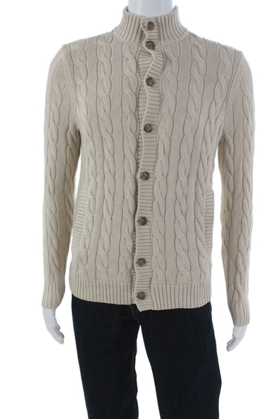 Brooks Brothers Mens Cardigan Beige High Neck 100% Cotton Long Sleeve Size S