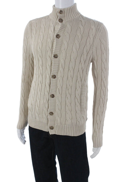 Brooks Brothers Mens Cardigan Beige High Neck 100% Cotton Long Sleeve Size S