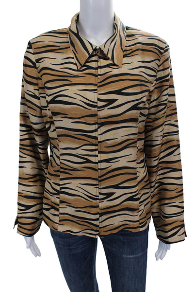 Silk Land Women Beige Silk Animal Print Collared Long Sleeve Blouse Size 10