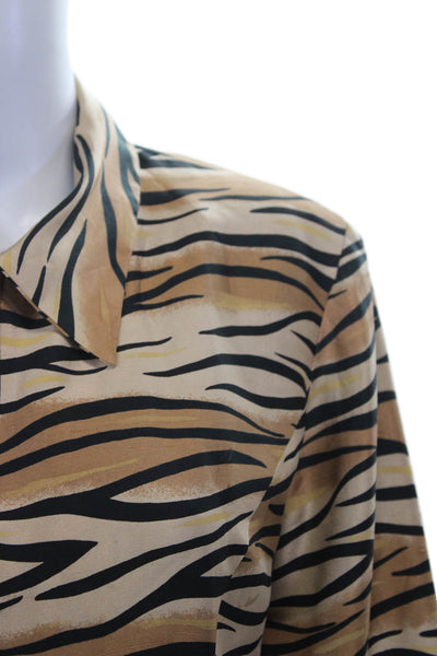 Silk Land Women Beige Silk Animal Print Collared Long Sleeve Blouse Size 10