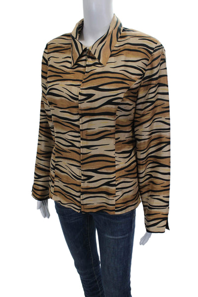Silk Land Women Beige Silk Animal Print Collared Long Sleeve Blouse Size 10