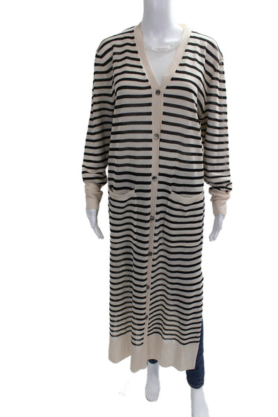 Line & Dot Womens V-Neck Striped Viscose Cardigan Beige Long Sleeve Size L