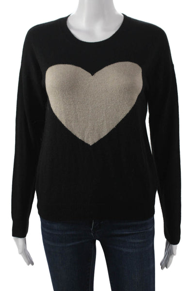 Splendid Women Pullover Sweater Black Viscose Crewneck Long Sleeve Heart Size S
