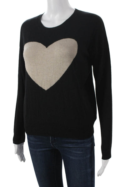 Splendid Women Pullover Sweater Black Viscose Crewneck Long Sleeve Heart Size S